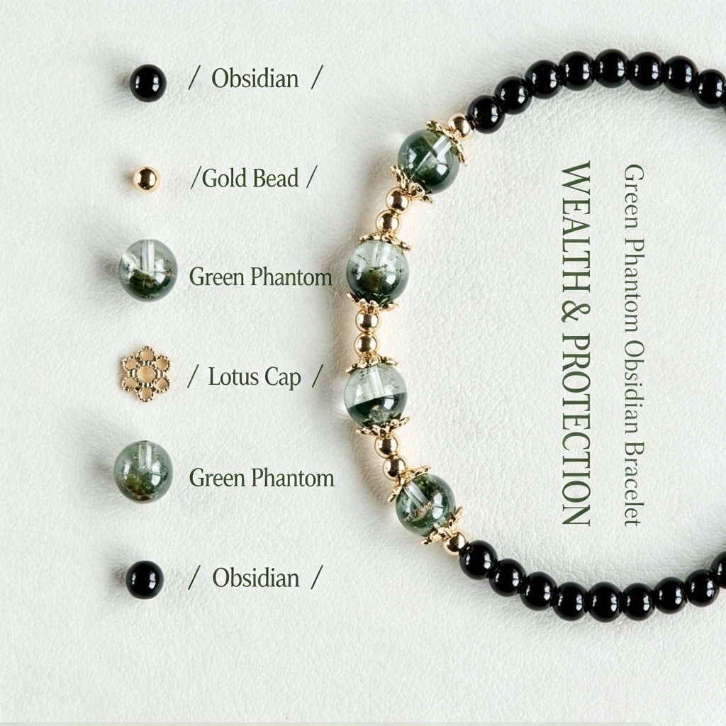 Green Phantom Obsidian Wood Element bracelet with gold beads and lotus caps